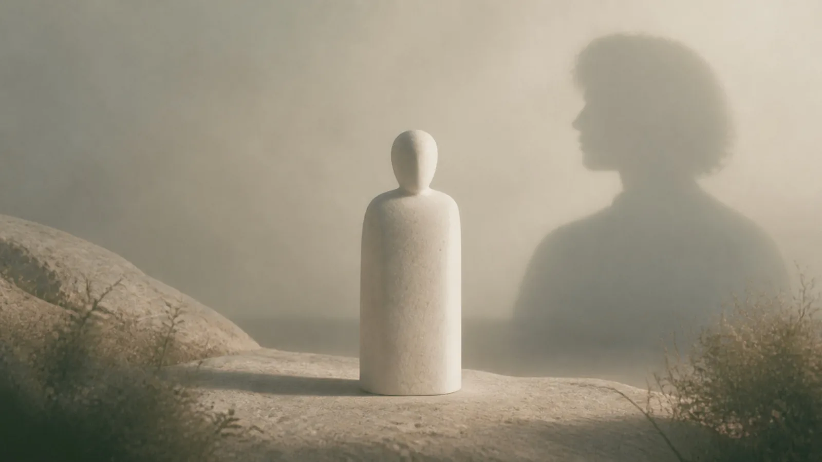 Escultura mineral de um broto com duas folhas sobre pedestal em arquitetura clara